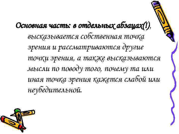 Основная часть: в отдельных абзацах(!), высказывается собственная точка зрения и рассматриваются другие точки зрения,