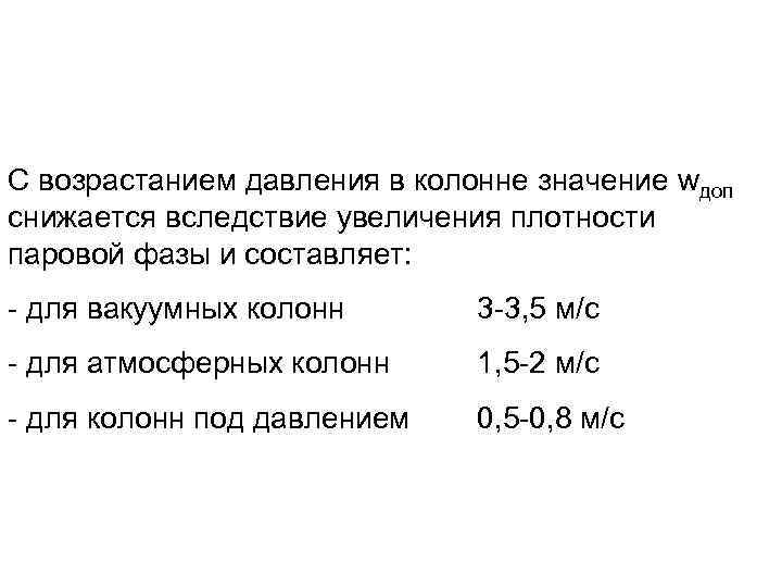 С возрастанием давления в колонне значение wдоп снижается вследствие увеличения плотности паровой фазы и