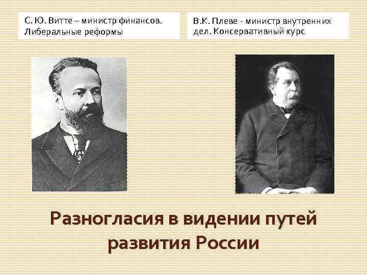 С. Ю. Витте – министр финансов. Либеральные реформы В. К. Плеве - министр внутренних