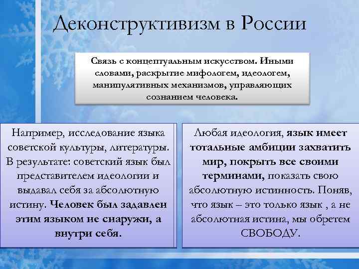 Деконструктивизм в России Связь с концептуальным искусством. Иными словами, раскрытие мифологем, идеологем, манипулятивных механизмов,
