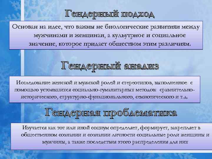 Гендерный подход Основан на идее, что важны не биологические развитияи между мужчинами и женцинаи,