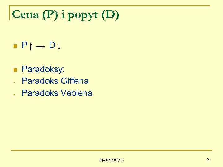 Cena (P) i popyt (D) P D Paradoksy: Paradoks Giffena Paradoks Veblena - PJATK