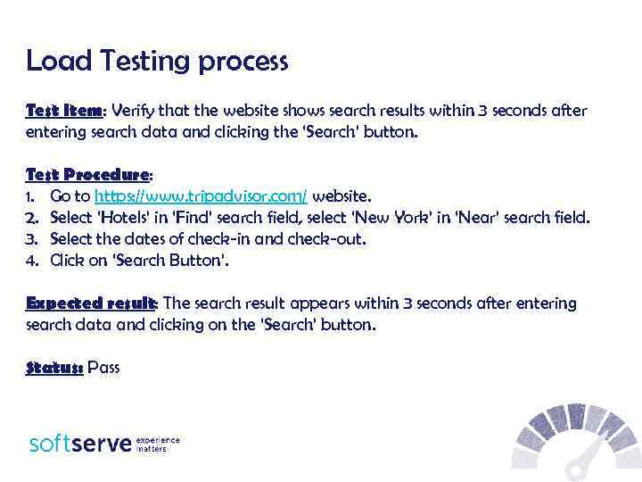 Load Testing process Test Item: Verify that the website shows search results within 3