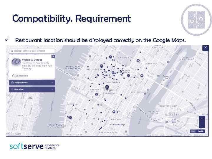 Compatibility. Requirement ü Restaurant location should be displayed correctly on the Google Maps. 