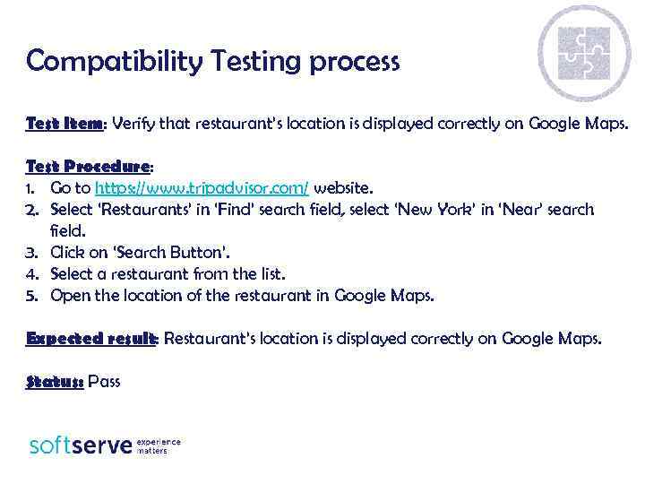 Compatibility Testing process Test Item: Verify that restaurant’s location is displayed correctly on Google