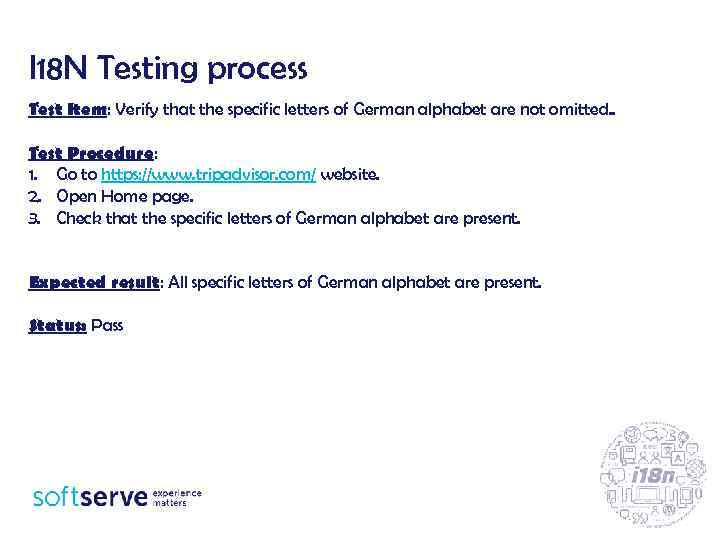 I 18 N Testing process Test Item: Verify that the specific letters of German