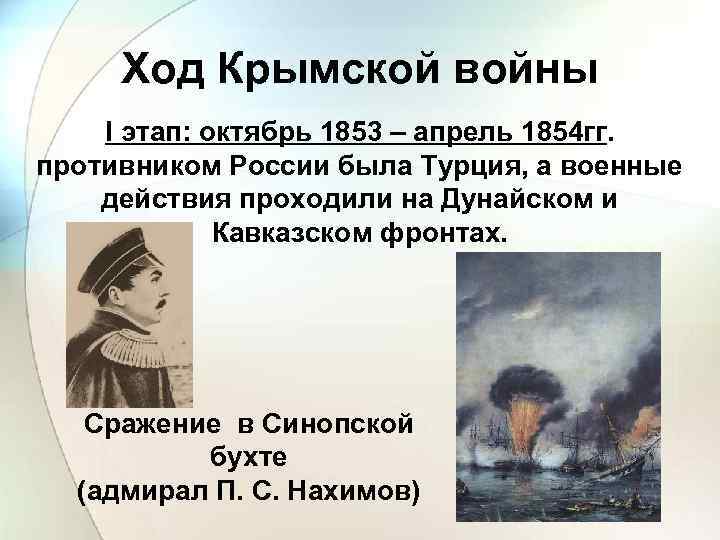 Ход Крымской войны I этап: октябрь 1853 – апрель 1854 гг. противником России была