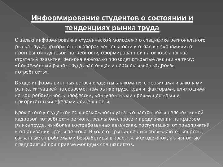 Информирование студентов о состоянии и тенденциях рынка труда С целью информирования студенческой молодежи о