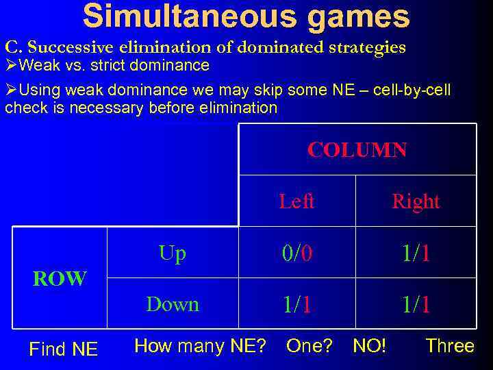 Simultaneous games C. Successive elimination of dominated strategies ØWeak vs. strict dominance ØUsing weak