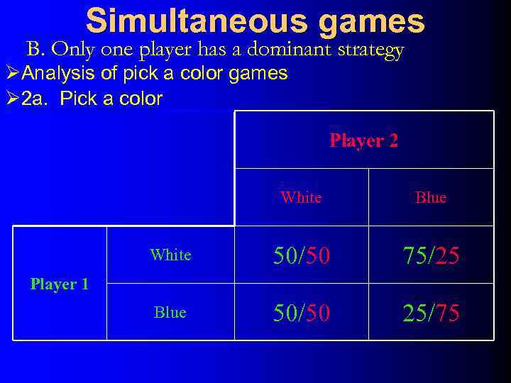 Simultaneous games B. Only one player has a dominant strategy ØAnalysis of pick a