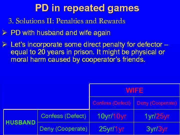 PD in repeated games 3. Solutions II: Penalties and Rewards Ø PD with husband