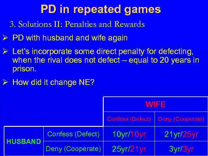 PD in repeated games 3. Solutions II: Penalties and Rewards Ø PD with husband