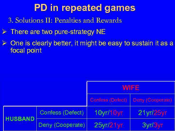 PD in repeated games 3. Solutions II: Penalties and Rewards Ø There are two