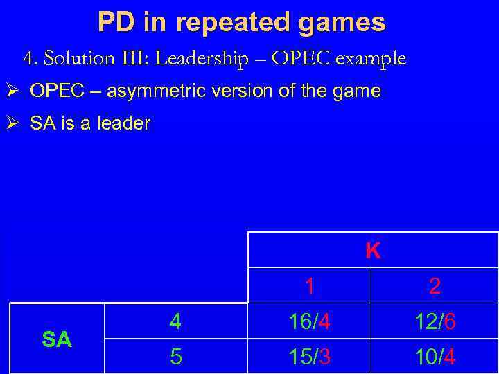 PD in repeated games 4. Solution III: Leadership – OPEC example Ø OPEC –