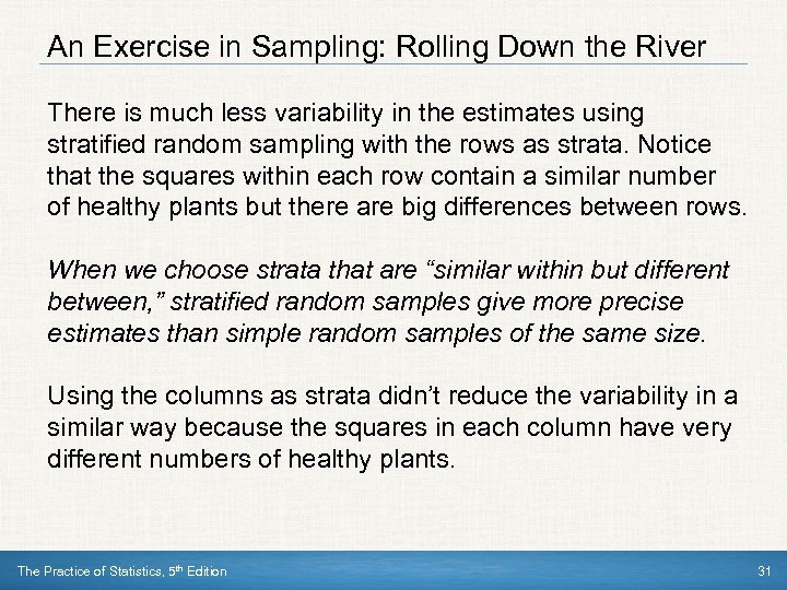 An Exercise in Sampling: Rolling Down the River There is much less variability in