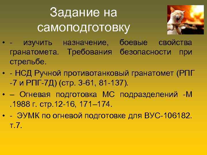 Задание на самоподготовку • - изучить назначение, боевые свойства гранатомета. Требования безопасности при стрельбе.