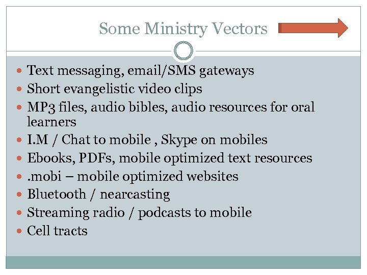 Some Ministry Vectors Text messaging, email/SMS gateways Short evangelistic video clips MP 3 files,