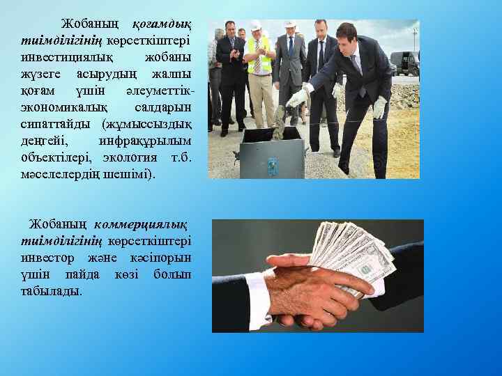  Жобаның қоғамдық тиімділігінің көрсеткіштері инвестициялық жобаны жүзеге асырудың жалпы қоғам үшін әлеуметтікэкономикалық салдарын