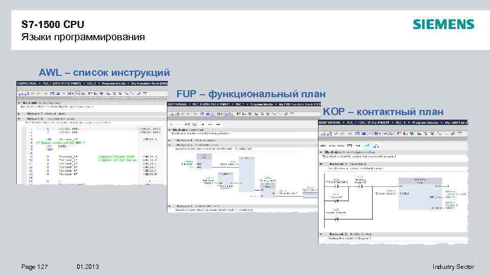 S 7 -1500 CPU Языки программирования AWL – список инструкций FUP – функциональный план