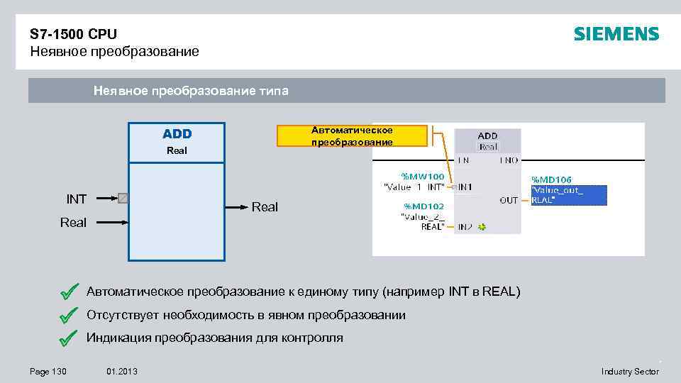 S 7 -1500 CPU Неявное преобразование типа ADD Автоматическое преобразование Real INT Real Автоматическое