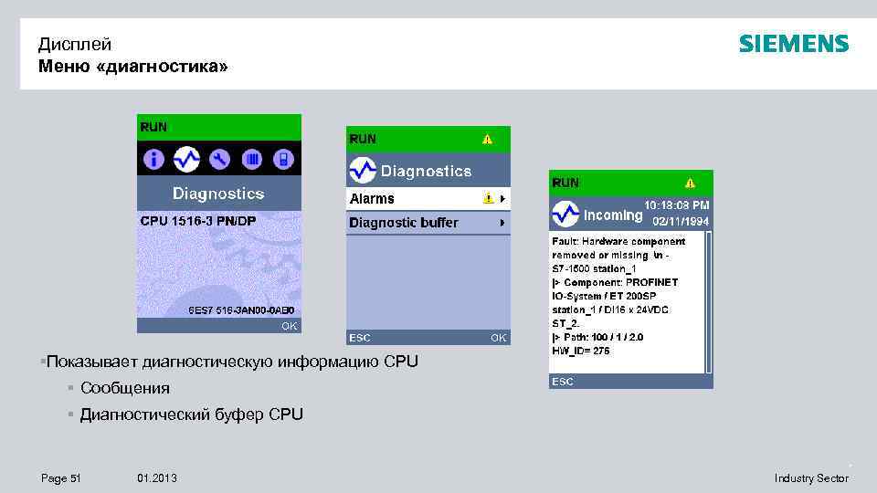 Дисплей Меню «диагностика» §Показывает диагностическую информацию CPU § Сообщения § Диагностический буфер CPU Page