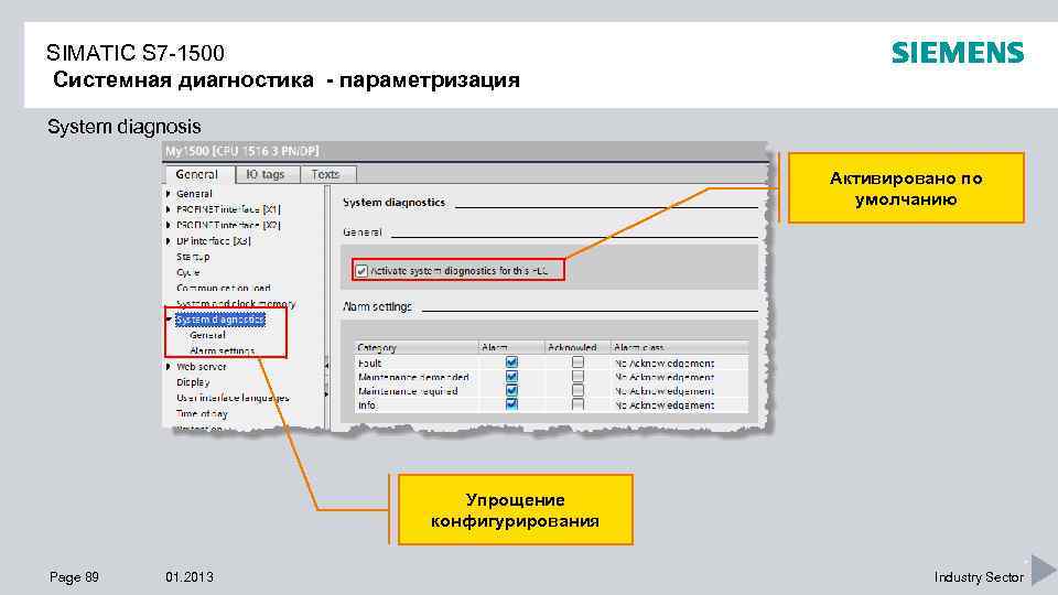 SIMATIC S 7 -1500 Системная диагностика - параметризация System diagnosis Активировано по умолчанию Упрощение