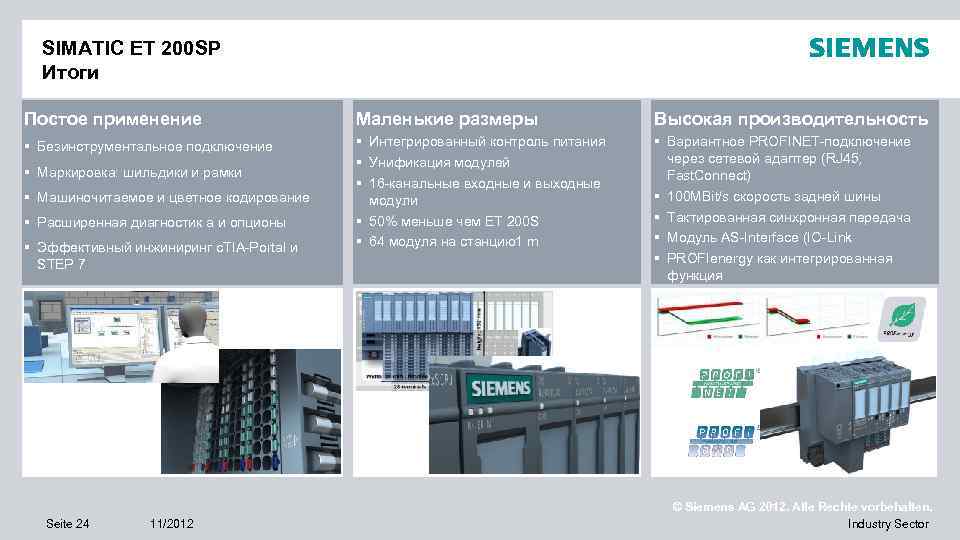 SIMATIC ET 200 SP Итоги Постое применение Маленькие размеры Высокая производительность § Безинструментальное подключение