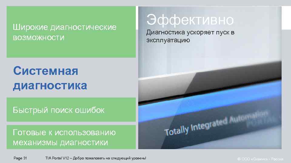 Широкие диагностические возможности Эффективно Диагностика ускоряет пуск в эксплуатацию Системная диагностика Быстрый поиск ошибок