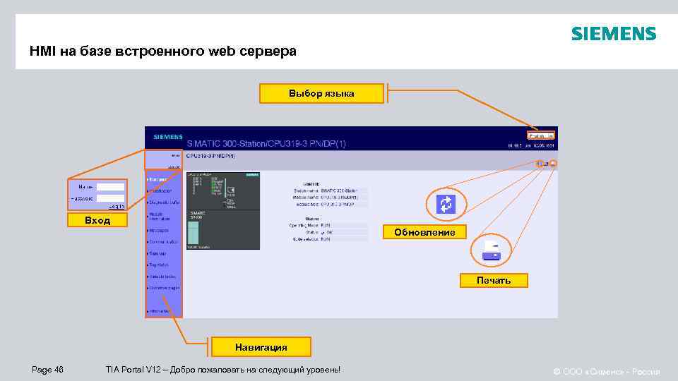 HMI на базе встроенного web сервера Выбор языка Вход Обновление Печать Навигация Page 46