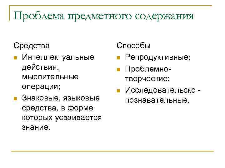 Проблема предметного содержания Средства n Интеллектуальные действия, мыслительные операции; n Знаковые, языковые средства, в