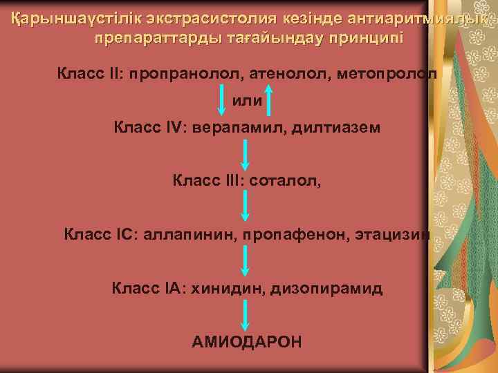 Қарыншаүстілік экстрасистолия кезінде антиаритмиялық препараттарды тағайындау принципі Класс II: пропранолол, атенолол, метопролол или Класс