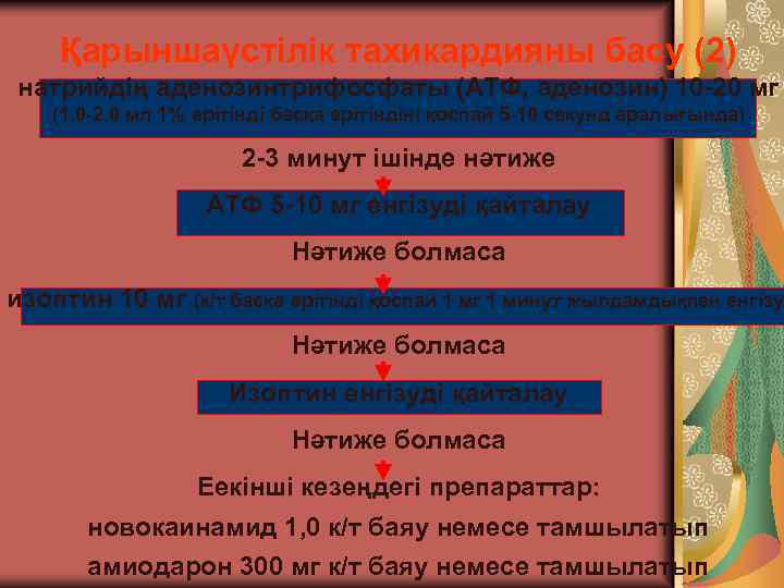 Қарыншаүстілік тахикардияны басу (2) натрийдің аденозинтрифосфаты (АТФ, аденозин) 10 -20 мг (1, 0 -2,