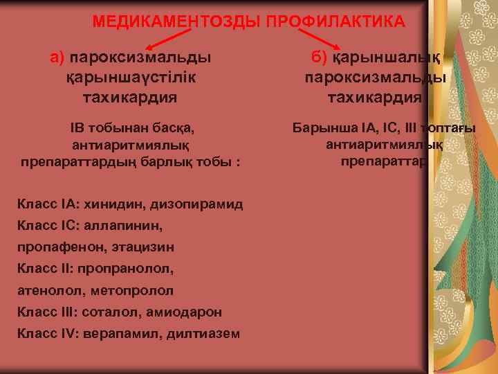 МЕДИКАМЕНТОЗДЫ ПРОФИЛАКТИКА а) пароксизмальды қарыншаүстілік тахикардия IВ тобынан басқа, антиаритмиялық препараттардың барлық тобы :