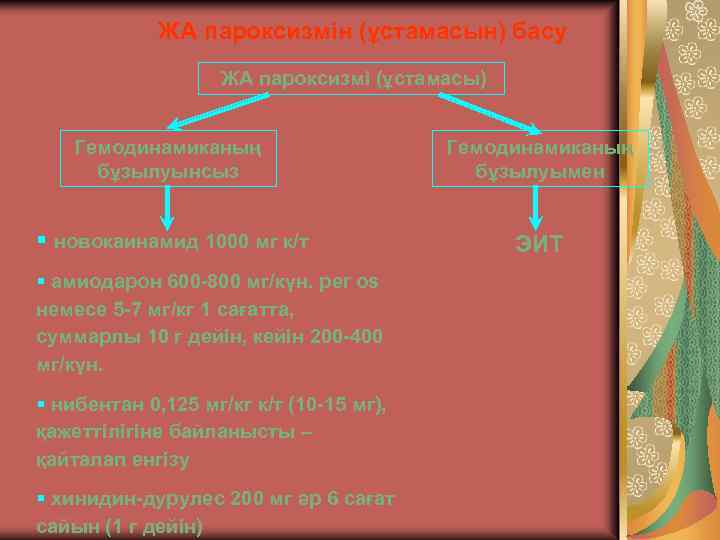ЖА пароксизмін (ұстамасын) басу ЖА пароксизмі (ұстамасы) Гемодинамиканың бұзылуынсыз Гемодинамиканың бұзылуымен § новокаинамид 1000