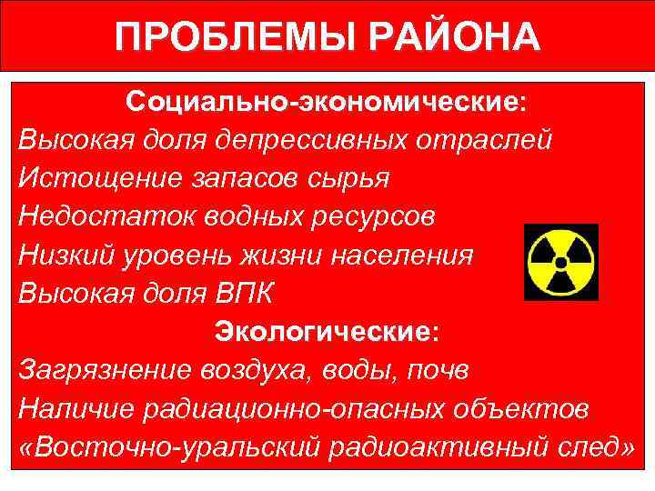 ПРОБЛЕМЫ РАЙОНА Социально-экономические: Высокая доля депрессивных отраслей Истощение запасов сырья Недостаток водных ресурсов Низкий