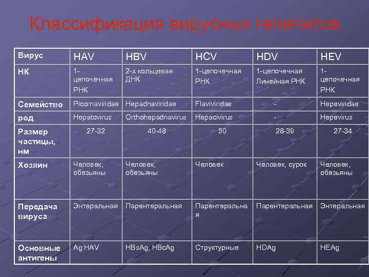 Классификация вирусных гепатитов Вирус HAV HBV HCV HDV HEV НК 1 цепочечная РНК 2