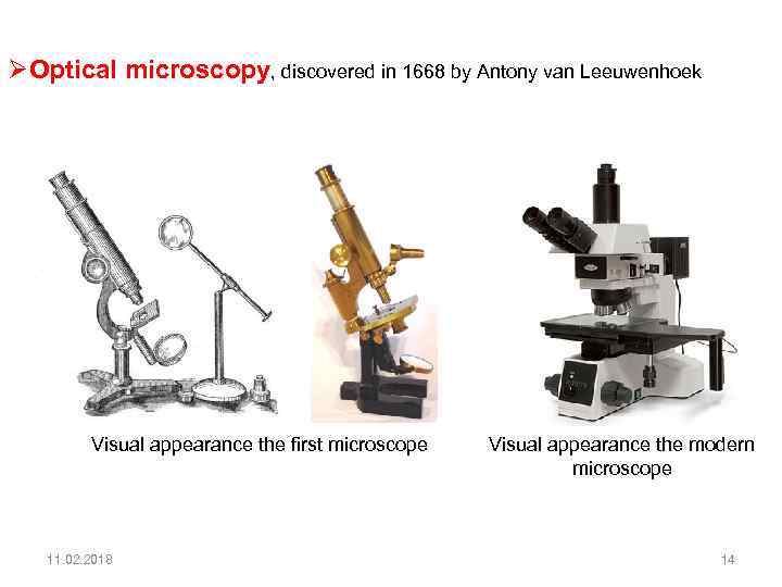 ØOptical microscopy, discovered in 1668 by Antony van Leeuwenhoek Visual appearance the first microscope