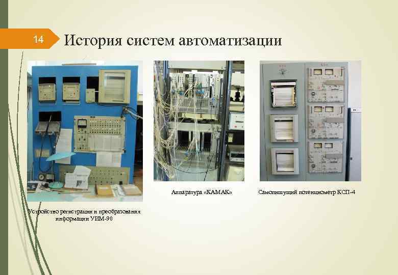 14 История систем автоматизации Аппаратура «КАМАК» Устройство регистрации и преобразования информации УИМ-90 Самопишущий потенциометр