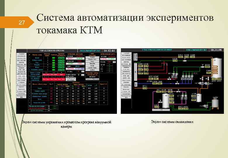 27 Система автоматизации экспериментов токамака КТМ Экран системы управления процессом прогрева вакуумной камеры Экран