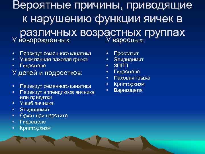 Вероятные причины, приводящие к нарушению функции яичек в различных возрастных группах У новорожденных: У