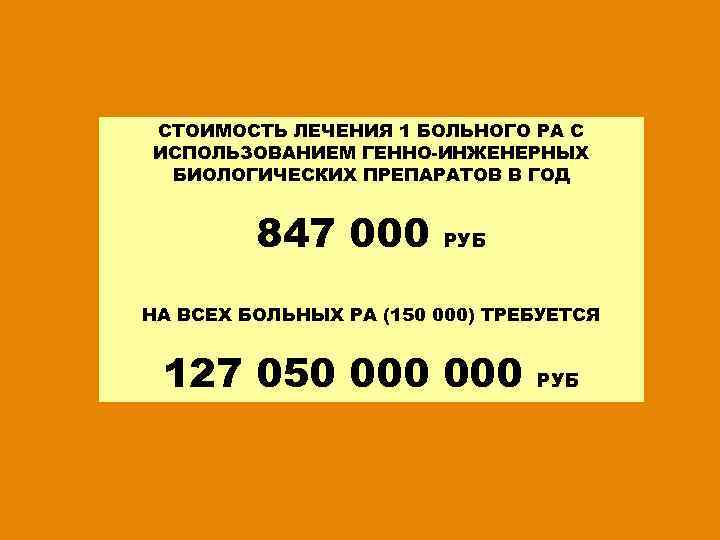 СТОИМОСТЬ ЛЕЧЕНИЯ 1 БОЛЬНОГО РА С ИСПОЛЬЗОВАНИЕМ ГЕННО-ИНЖЕНЕРНЫХ БИОЛОГИЧЕСКИХ ПРЕПАРАТОВ В ГОД 847 000