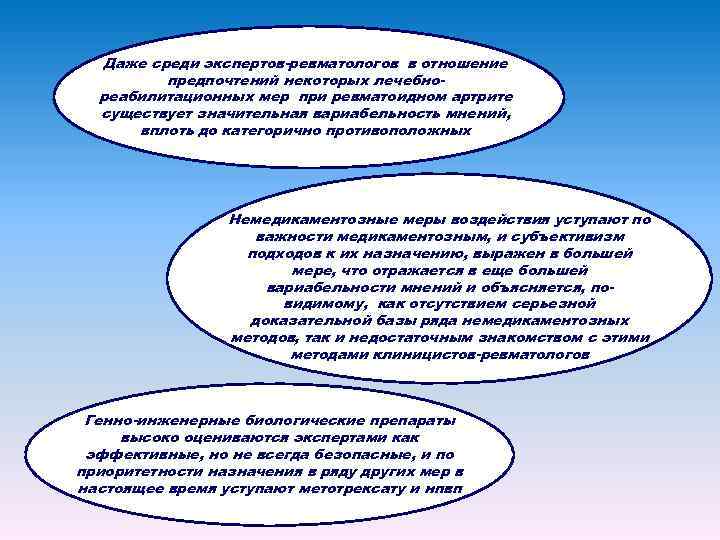 Даже среди экспертов-ревматологов в отношение предпочтений некоторых лечебнореабилитационных мер при ревматоидном артрите существует значительная