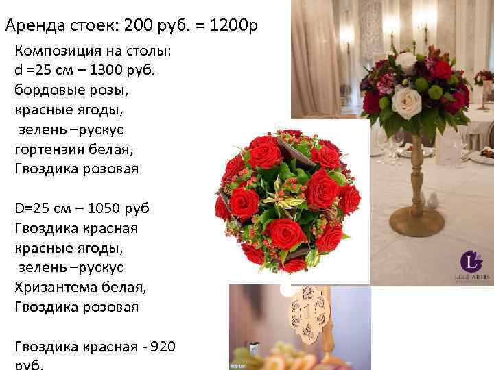 Аренда стоек: 200 руб. = 1200 р Композиция на столы: d =25 см –