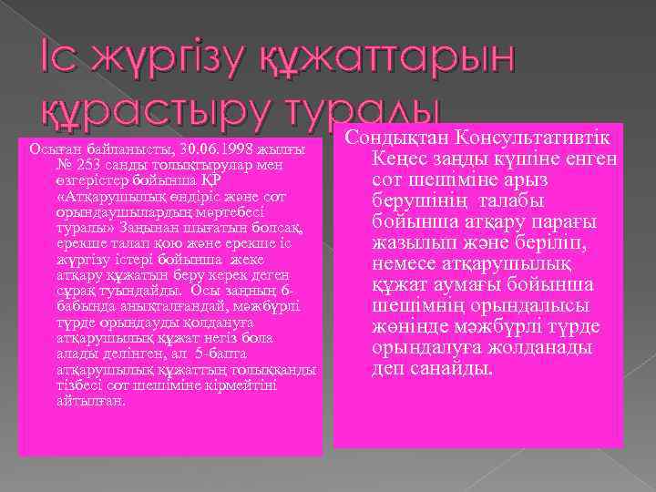 Іс жүргізу құжаттарын құрастыру туралы Консультативтік Сондықтан Осыған байланысты, 30. 06. 1998 жылғы №