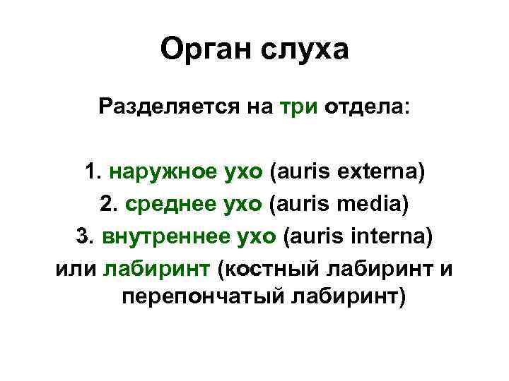 Орган слуха Разделяется на три отдела: 1. наружное ухо (auris externa) 2. среднее ухо