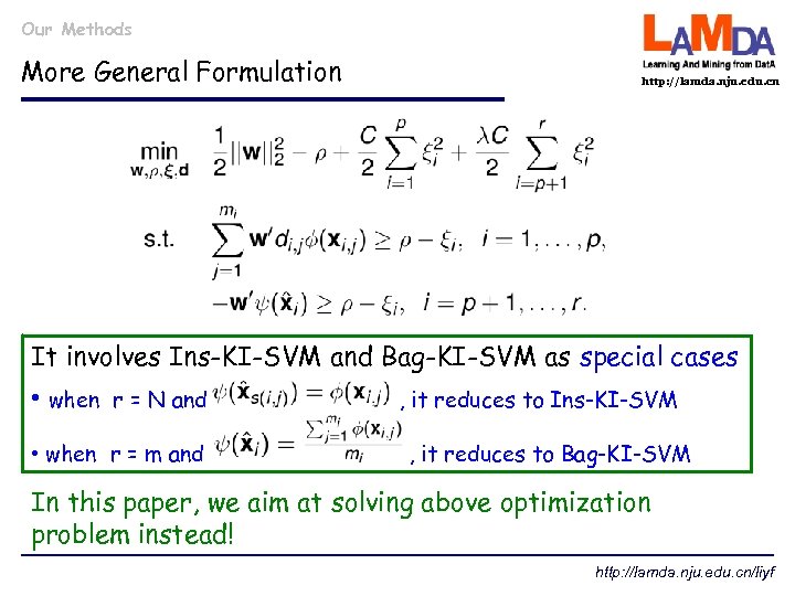 Our Methods More General Formulation http: //lamda. nju. edu. cn It involves Ins-KI-SVM and