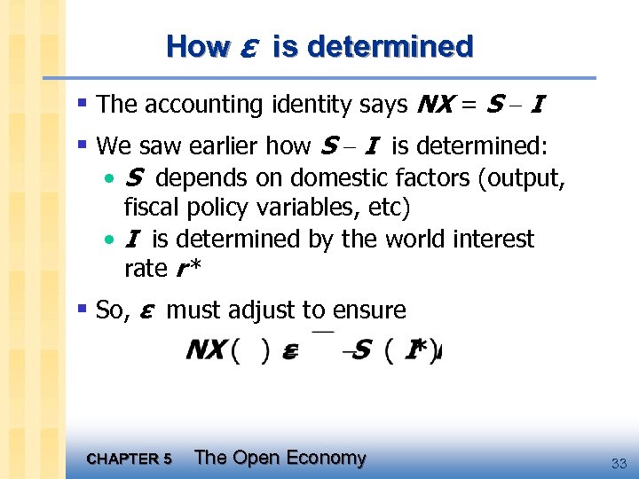 How ε is determined § The accounting identity says NX = S - I