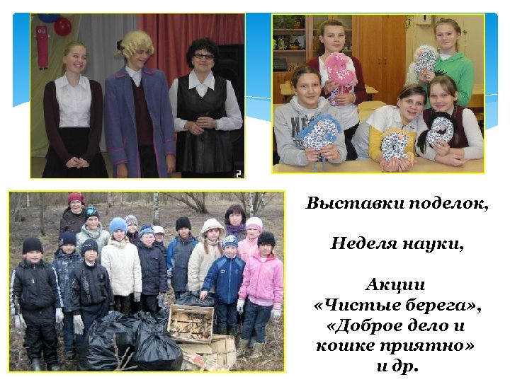 Выставки поделок, Неделя науки, Акции «Чистые берега» , «Доброе дело и кошке приятно» и