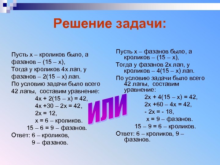 Решение задачи: Пусть х – кроликов было, а фазанов – (15 – х), Тогда