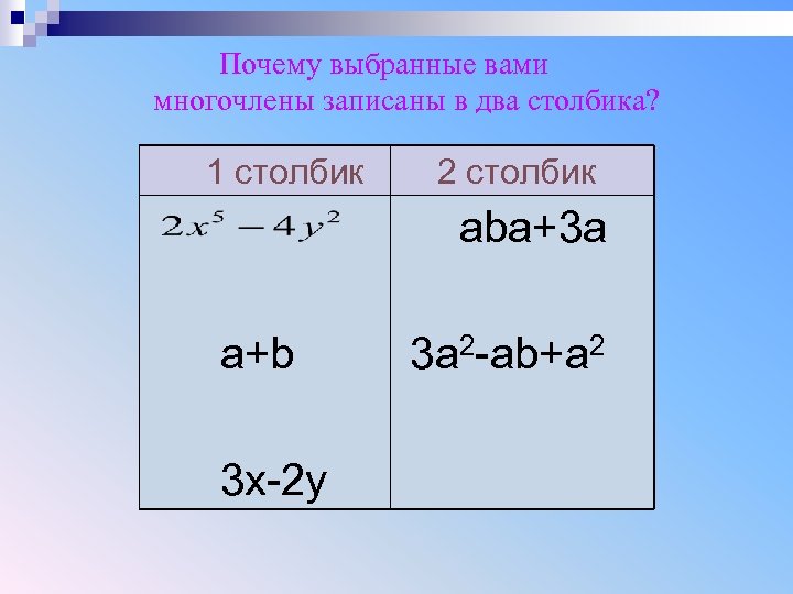 Почему выбранные вами многочлены записаны в два столбика? 1 столбик 2 столбик aba+3 a